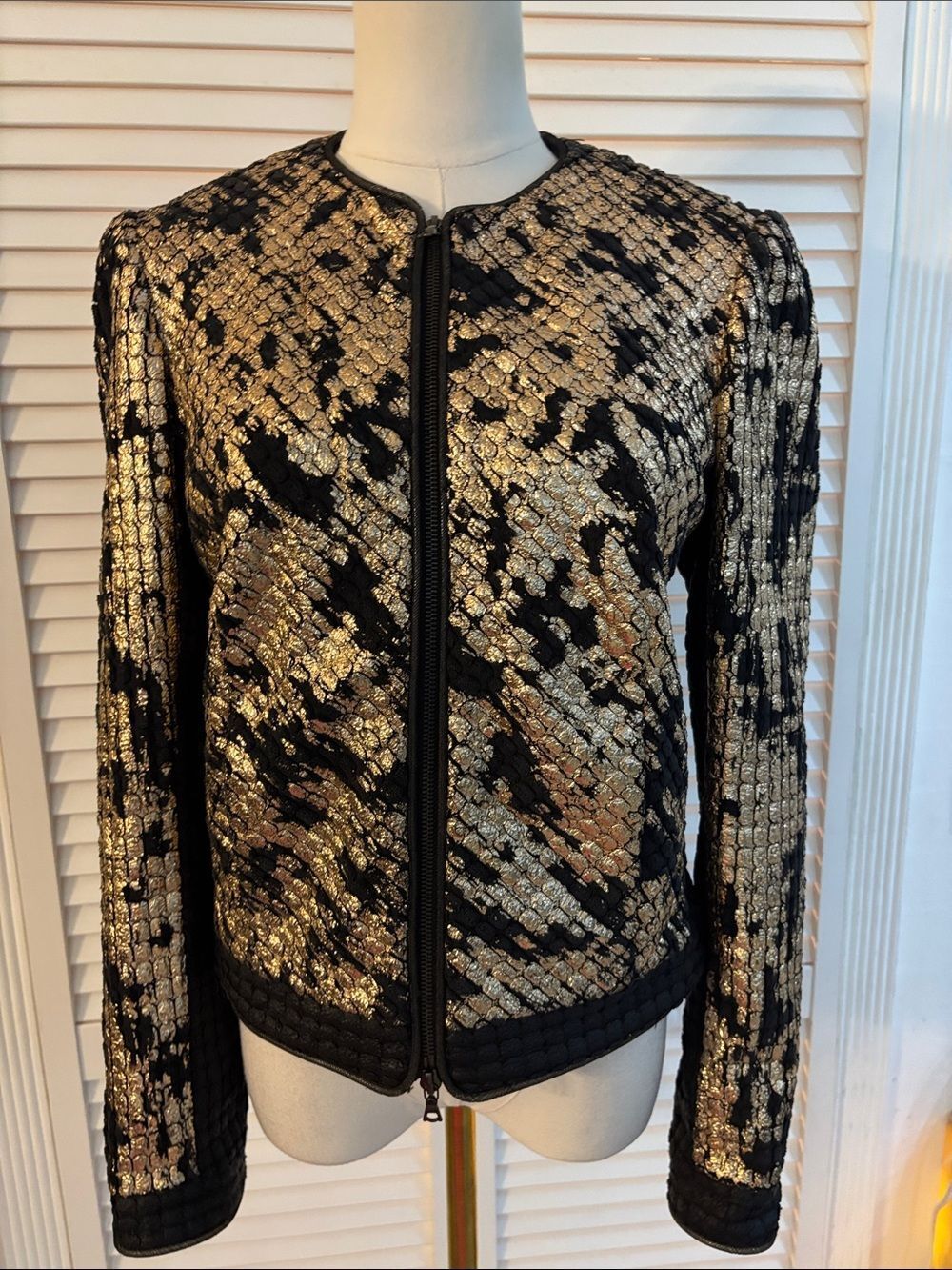 Jonathan Simkhai Black and Gold Metallic Zip-Front Jacket